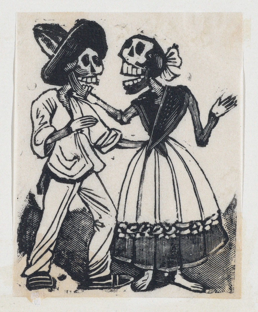 Male and female skeleton talking (vignette for the feast of the dead)