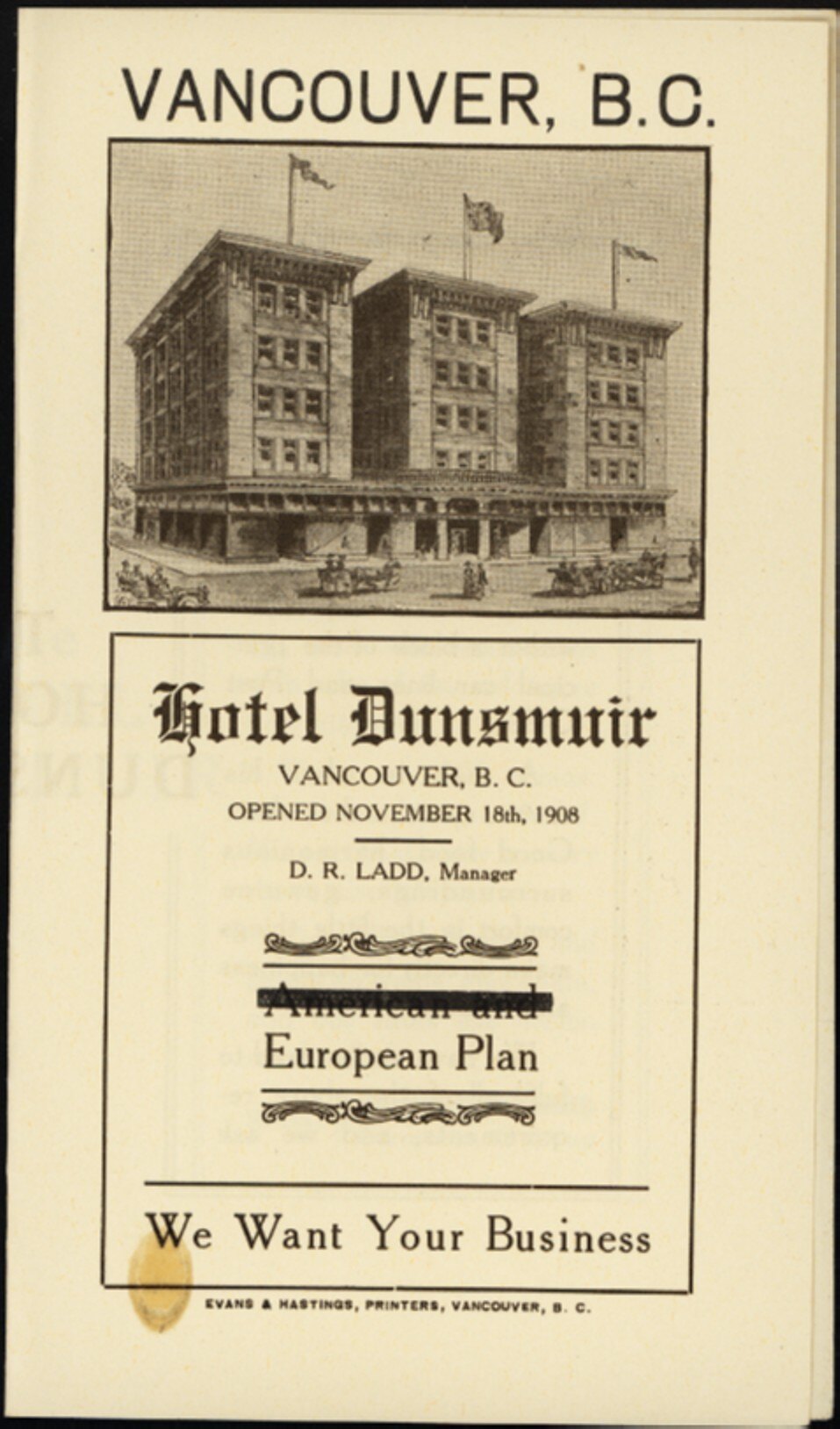 Leaflet - 'Hotel Dunsmuir', Vancouver, Canada, 1908